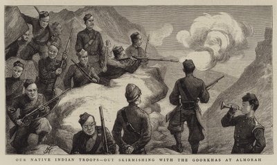 Våre innfødte indiske tropper, ut i trefning med gurkhene ved Almirah av Harry Hamilton Johnston