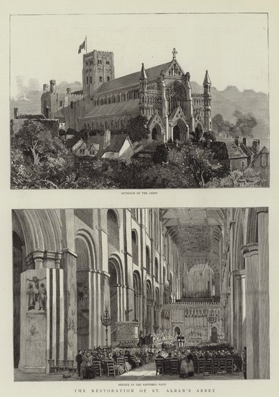 Restaurering av St Albans Abbey gravering av Harry Hine