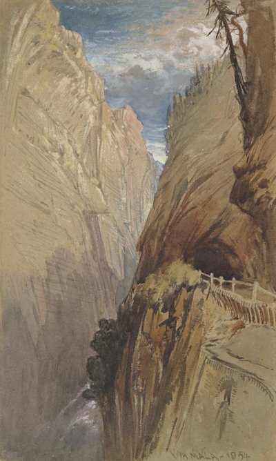 Via Mala, Sveits, 1854, (wc og kroppsfarge på grått papir) av Harry John Johnson