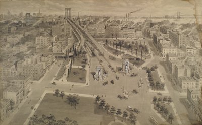Brooklyn Plaza på Manhattan Bridge, ca. 1917 (India blekk og vask berørt med ugjennomsiktig hvit) av Harry M. Pettit