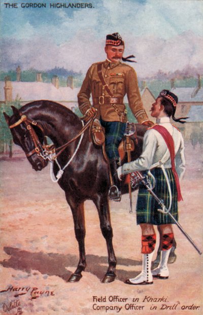 Gordon Highlanders, feltoffiser i Kharki, selskapsoffiser i boreorden (farge litho) av Harry Payne