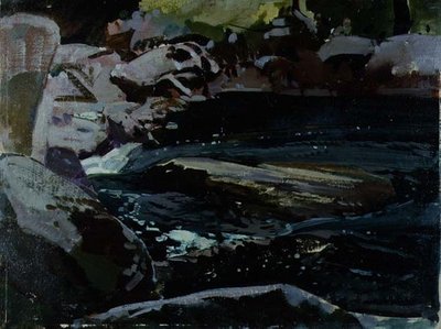 Flowing River (olje på lerretstavle) av Harry Watson