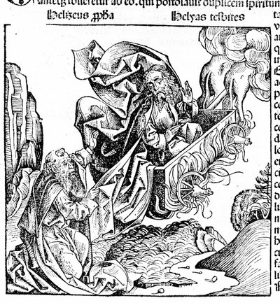 Elia reiser seg i en ildvogn og overlater eiendommen sin til Elisee. Hartmann Schedel: Chronicle of Nürnberg. Nürnberg 1497 av Hartmann Schedel