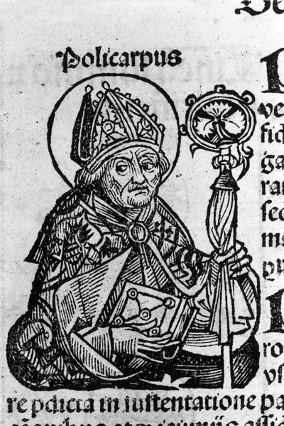 Portrett av Saint Polycarp av Smyrna (ca. 69-155), eveque. Gravering fra "" Chronicles of Nuremberg"" av Schedel Hartmann (1440-1514) av Hartmann Schedel