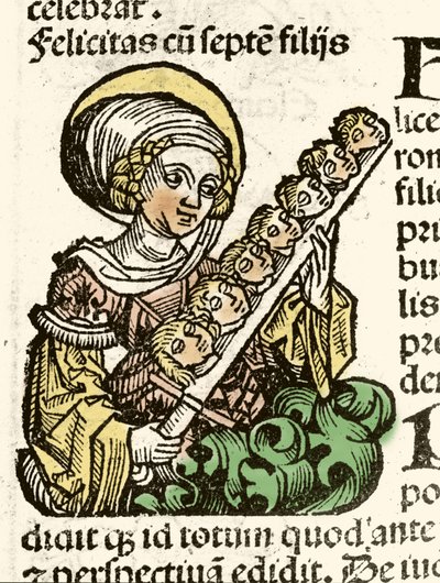 Representasjon av Saint Felicite, martyrium i Roma med hodet til sine syv barn. xylografi av Hartmann Schedel "" Chronicles of Nuremberg""" 1493. av Hartmann Schedel