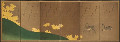 Hjort med lønner, ca. 1605–10 (sekspanels brettbart skjermbilde: blekk, farge og gull på papir) av Hasagawa & Sodon Tetsuzan (1531-1617) (attr.) Tohaku