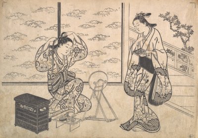 To kvinner i et rom åpner på en veranda, ca. 1730. av Hasegawa Mitsunobu