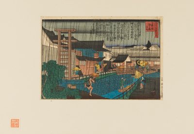 Treblokktrykk - Regnscene ved kita-shinchi i Osaka. Folk med paraplyer, 1800-tallet av Hasegawa Sadanobu
