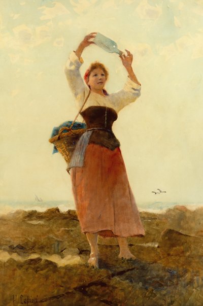 Jente med flaskepost (akvarell) av Hector Caffieri