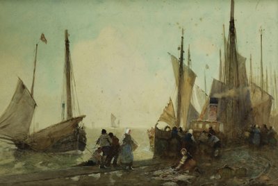 Lossing av fiskebåter på kaien, Bretagne, av Hector Caffieri