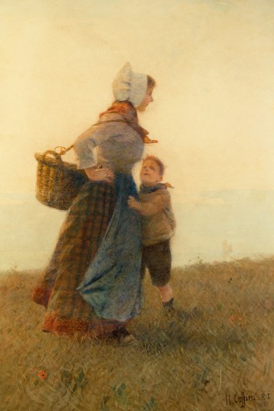 Kvinne og barn (akvarell) av Hector Caffieri