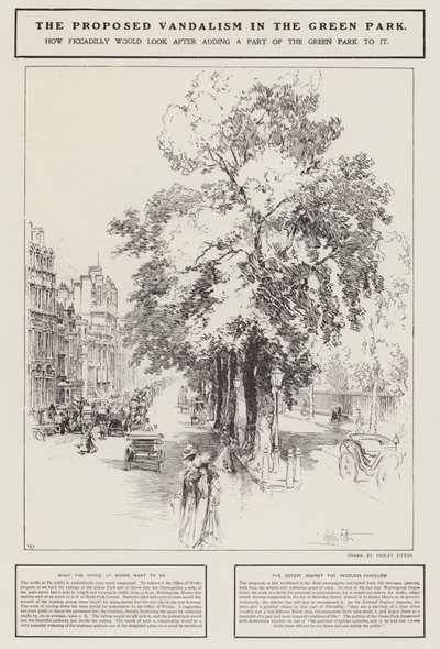 Det foreslåtte hærverket i Green Park, London (litho) av Hedley Fitton