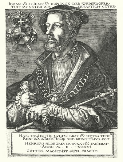 John of Leiden, nederlandsk anabaptistleder og en av lederne for Munster-opprøret 1534-1535 (gravering) av Heinrich (after) Aldegrever