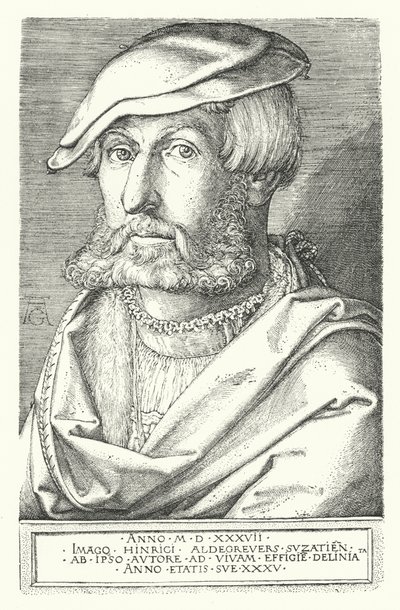 Selvportrett av Heinrich Aldegrever, tysk maler og gravør (gravering) av Heinrich (after) Aldegrever