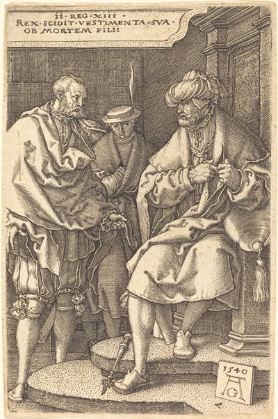 David kaster av seg kappene ved nyheten om sønnens død, 1540. av Heinrich Aldegrever