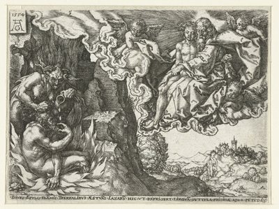 Den rike mannen i helvete ser Abraham med Lasarus Lignelse om Lasarus og den rike mannen (serietittel) av Heinrich Aldegrever