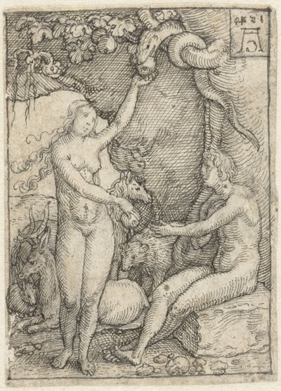 Eve gir Adam eplet under treet med slangen Designtegninger for serien med graveringer The Power of Death (serietittel) av Heinrich Aldegrever