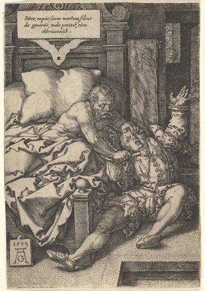 Dommer Herkinbald Cutting the Throat of his Nephew, 1553. av Heinrich Aldegrever