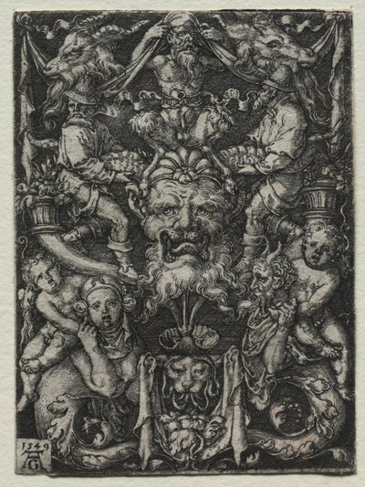 Ornamentdesign med maske, et par tritoner og to barn under, 1549. av Heinrich Aldegrever