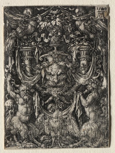 Ornamentdesign med en maske og en ørn mellom to fauner nedenfor av Heinrich Aldegrever