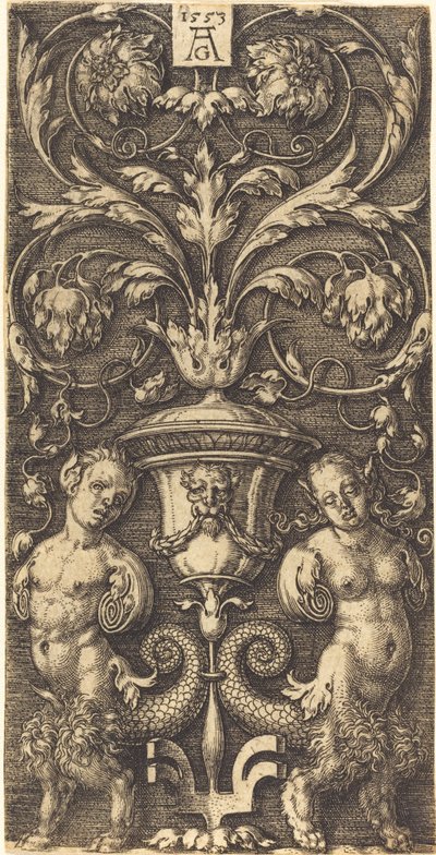 Ornament med vase og to kvinnefigurer, 1553. av Heinrich Aldegrever