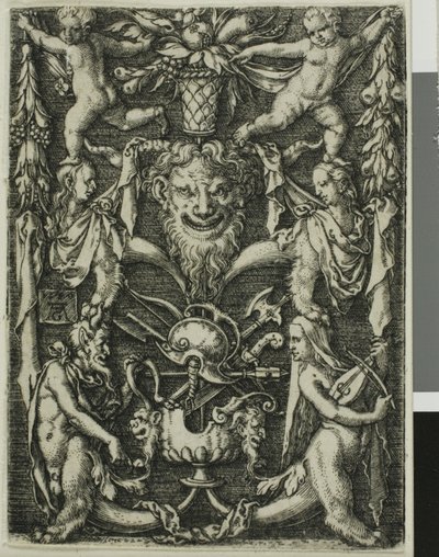 Ornamental design med et par satyrer, barn og et trofé av Heinrich Aldegrever