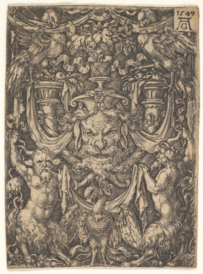 Ornamental design med en maske og en ørn mellom to fauner nedenfor, 1549. av Heinrich Aldegrever