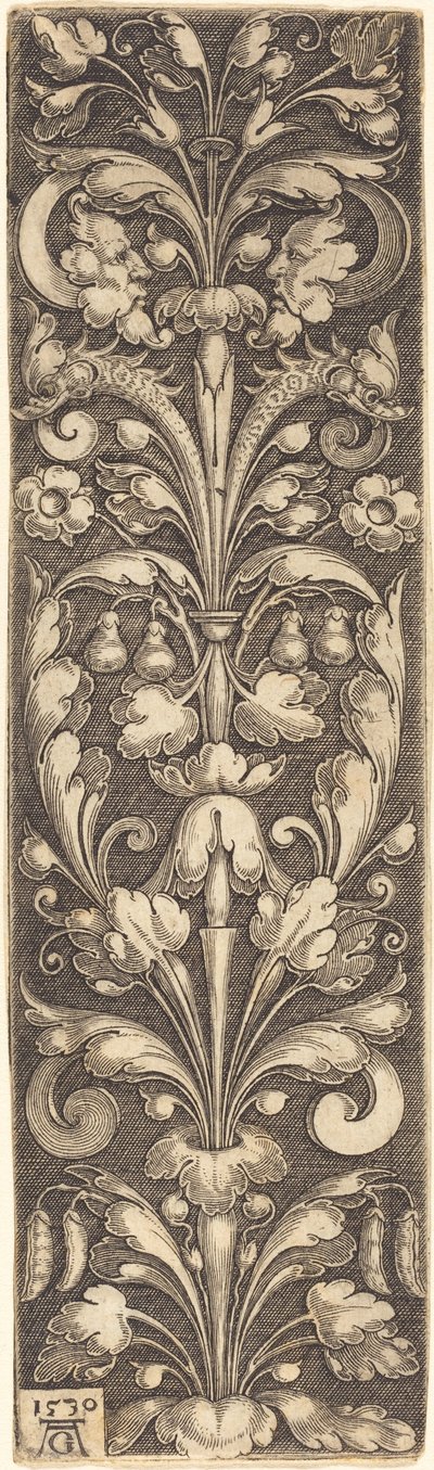 Kvist av dekorativt løvverk med to masker og to delfiner, 1530. av Heinrich Aldegrever