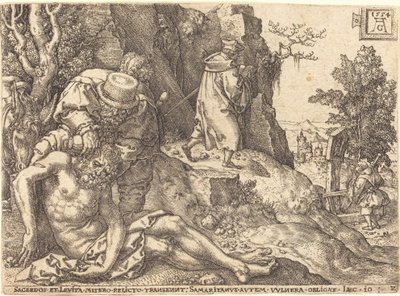 Den barmhjertige samaritan som tjener den reisende, 1554. av Heinrich Aldegrever