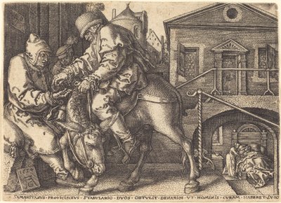 Den barmhjertige samaritan som betaler for den reisendes innkvartering, 1554. av Heinrich Aldegrever