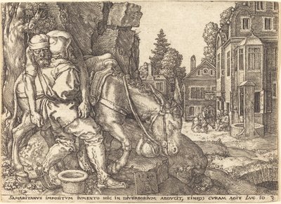 Den barmhjertige samaritanen plasserer den reisende på et muldyr, 1554. av Heinrich Aldegrever