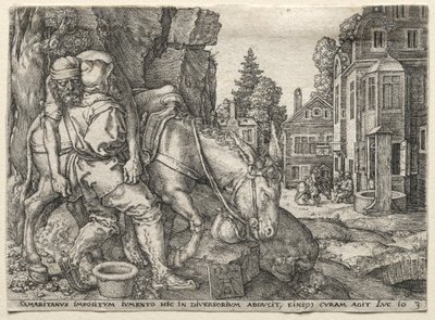Lignelsen om den barmhjertige samaritan: Den barmhjertige samaritan som setter den reisende på eselet sitt, 1554. av Heinrich Aldegrever