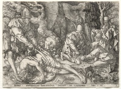 Lignelsen om den barmhjertige samaritan: Ranerne angriper de reisende av Heinrich Aldegrever