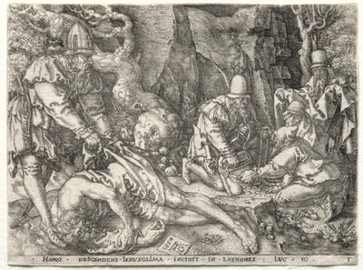 Lignelsen om den barmhjertige samaritan: Røverne som angriper de reisende, 1554. av Heinrich Aldegrever