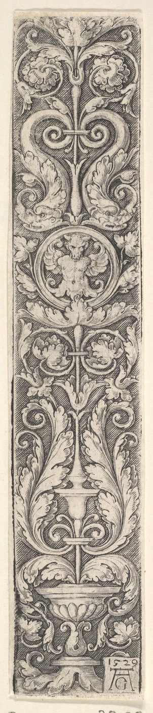 Vertikalt panel med en kandelaber som inneholder en medaljong med en kentaur og et par dolp..., 1529. av Heinrich Aldegrever