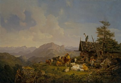 Landskap i Oberbayen med gjetere og storfe deres hviler ved en hytte av Heinrich Burkel