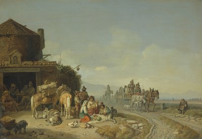 Reisende før et vertshus ved veikanten av Heinrich Burkel
