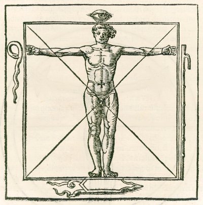 Mann på en firkant omgitt av symboler for øyet, slange, syv seksjonsstav og skjold. Gravering fra Heinrich Cornelius Agrippa von Nettesheim (1486-1535) De occulta philosophia libri tres (Three B av Heinrich Cornelius Agrippa von Nettesheim