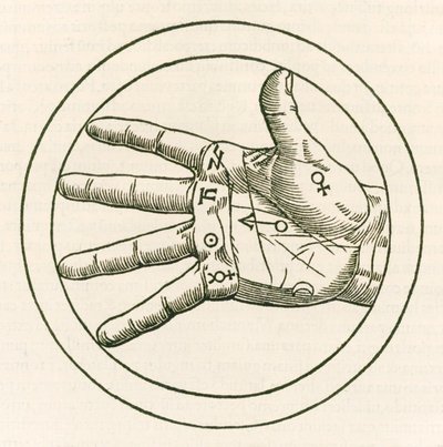 The Hand of Palmistry-gravering fra Heinrich Cornelius Agrippa von Nettesheim (1486-1535) De occulta philosophia libri tres (Three Books of Occult Philosophy) utgitt i 1533. av Heinrich Cornelius Agrippa von Nettesheim
