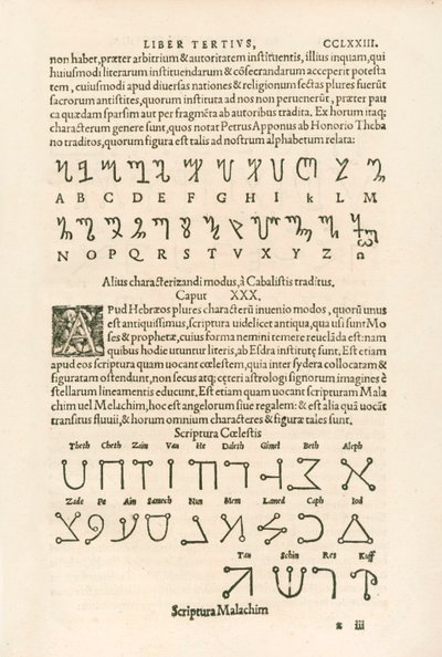 Thebanalfabet (Honorian-alfabet eller Honorius-runene) og Celestial Alphabet (Scriptura Malachim eller Angelic Script) Gravering fra Heinrich Cornelius Agrippa von Nettesheim (1486-1535) De occul av Heinrich Cornelius Agrippa von Nettesheim