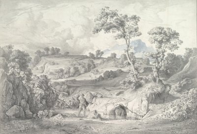 Sørlandskap med en mann og en slange, 1847. av Heinrich Dreber