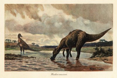 Hadrosaurer eller andnebbdinosaurer som spiser i en elv. av Heinrich Harder