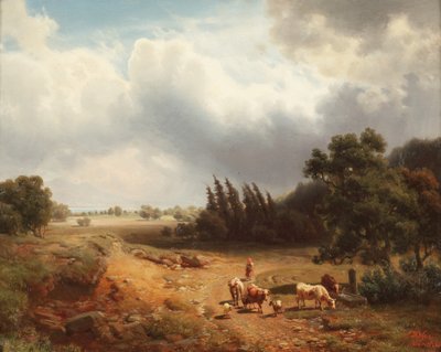 Skoglandskap med en gjeterinne og storfeet hennes, 1862 av Heinrich Hofer