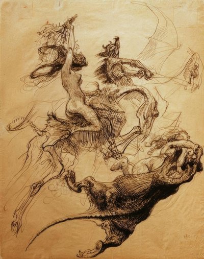Naken kvinne på skjelett og djevel som rir pterodactyl av Heinrich Kley