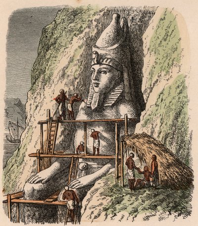 Det gamle Egypt: Utskjæring av en statue av Abu Simbel-tempelet, 1866 av Heinrich Leutemann