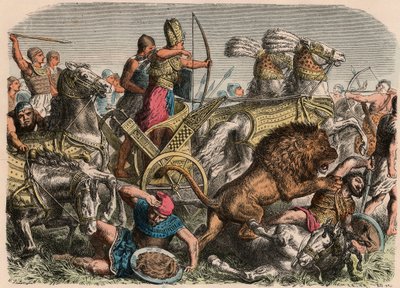 Det gamle Egypt: Farao Ramses II kjemper mot krigsløvene til den hettittiske hæren i Qadesh, 1274 f.Kr., 1866 av Heinrich Leutemann