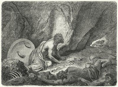 Aristomenes rømmer fra gropen som han ble kastet i av spartanerne (gravering) av Heinrich Leutemann