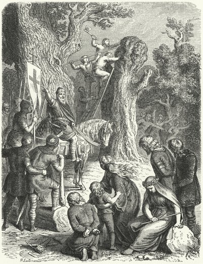 Charlemagne beordrer felling av Irmensaule, saksernes hellige eiketre, 772 (gravering) av Heinrich Leutemann