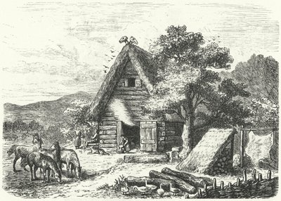 Gammelt tysk gårdshus (gravering) av Heinrich Leutemann