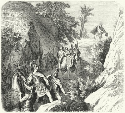 Perseus av Makedonien på marsj gjennom kløftene i Thessalia (gravering) av Heinrich Leutemann